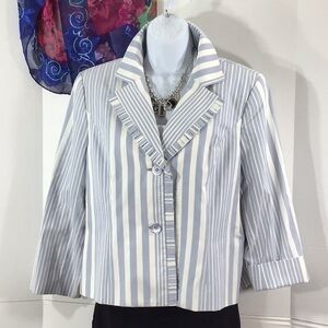 Doncaster blue gray stripe ruffle blazer 14